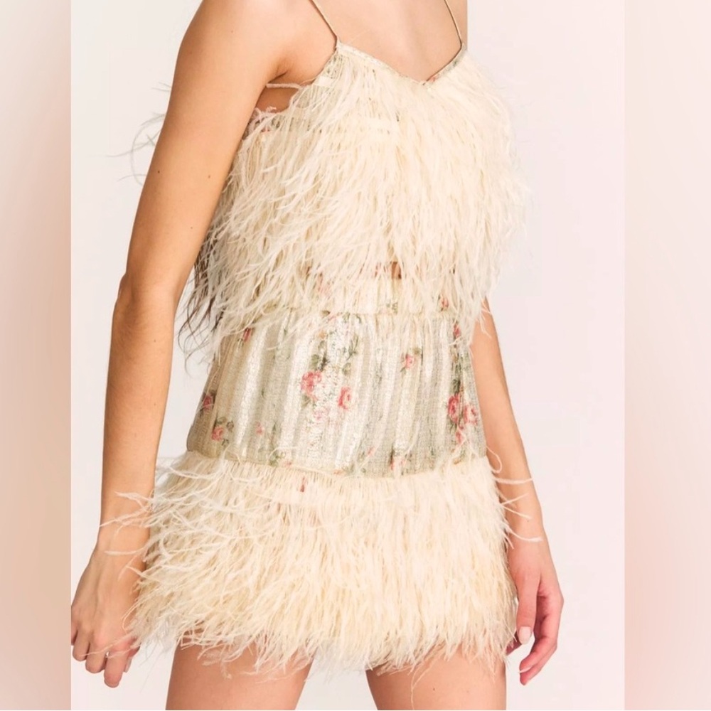 love shack fancy ostrich feather gold mini skirt